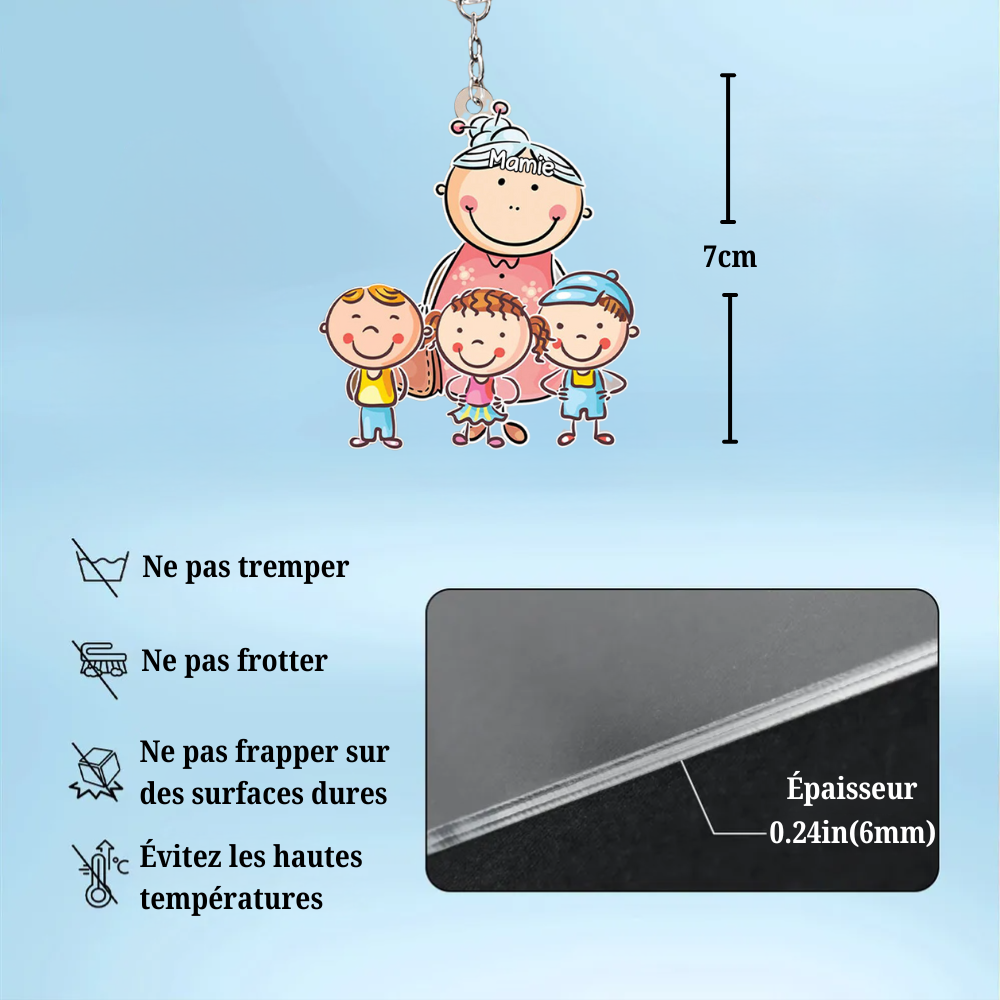Porte-clés en acrylique personnalisé "Grand-mère et enfants en dessin animé"