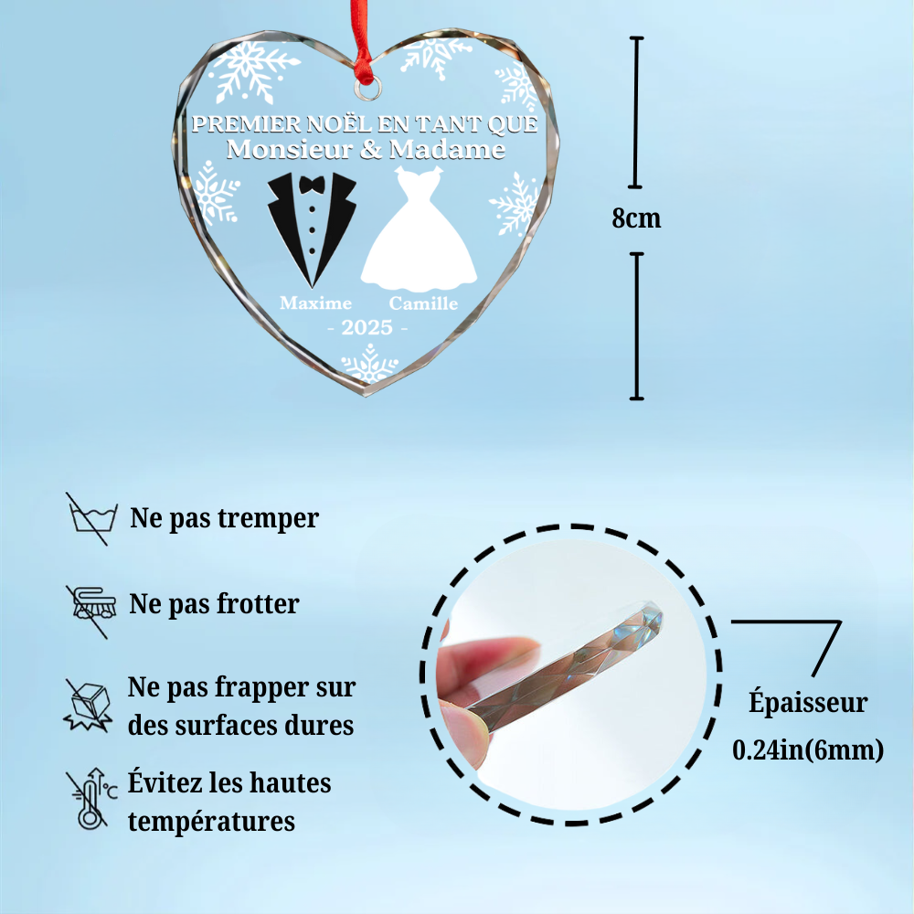 Premier Noël de jeunes mariés-Décoration en verre en forme de cœur personnalisée Orement de Noël