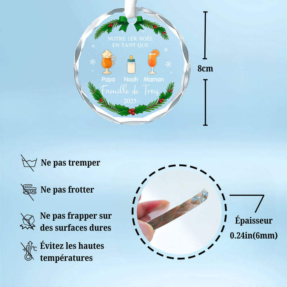 Orement en verre avec boissons et nom « 1er Noël en famille à... » Décoration de Noël personnalisée