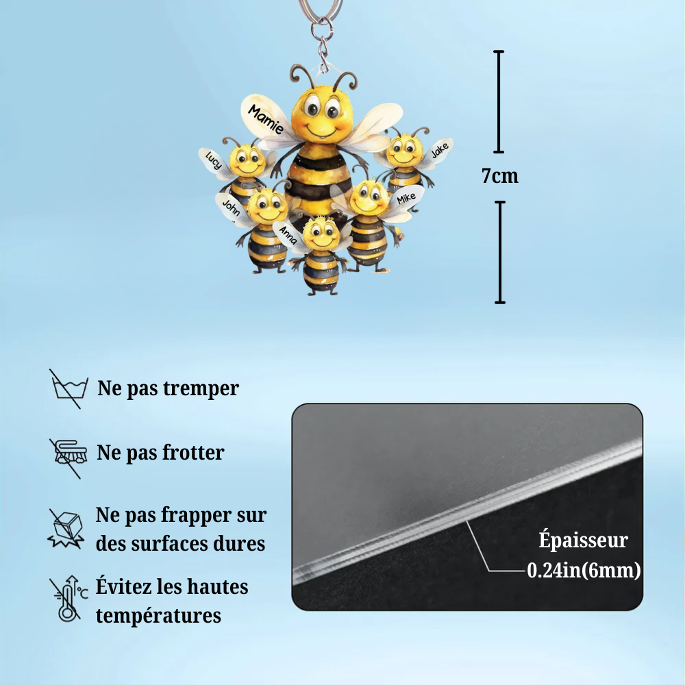 Porte-clés en acrylique "Famille d'abeilles" avec impression des deux côtés pour maman et mamie