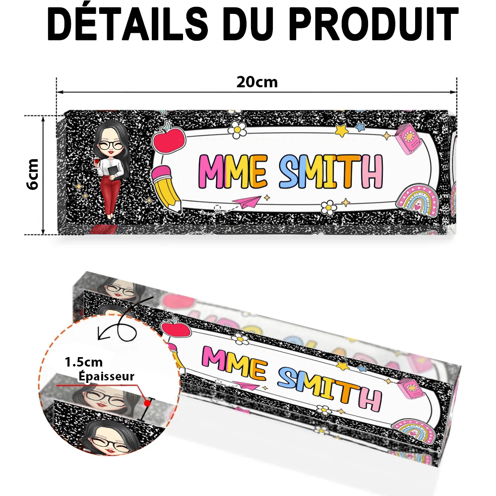 Plaque en acrylique personnalisée avec personnage et prénom – Cadeau pour enseignante et collaboratrice