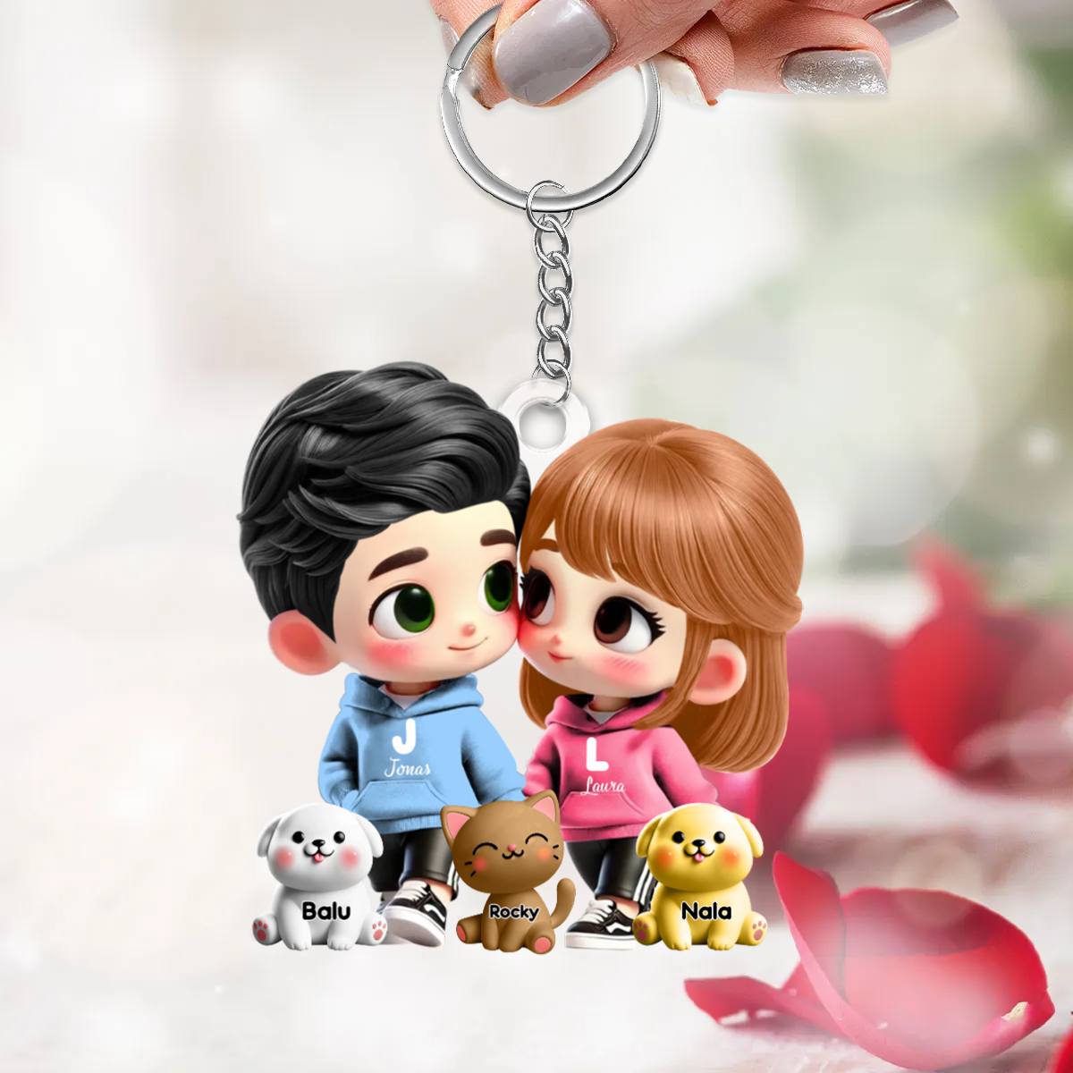 Porte-clés en acrylique personnalisé avec couple cartoon et animaux de compagnie – Cadeau pour couple