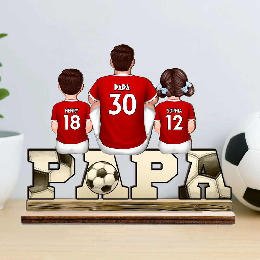 Plaque en bois « PAPA » avec football et 1 à 4 enfants personnalisés – Cadeau pour papa