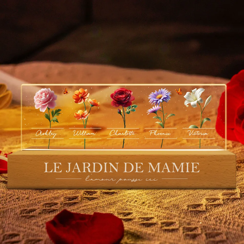 Veilleuse LED avec fleurs de naissance et prénoms – Cadeau pour grand-mère et maman