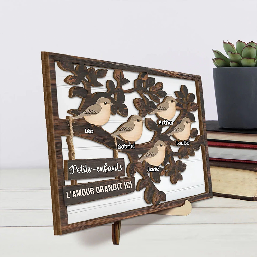 Plaque en bois personnalisée avec arbre et oiseaux – Cadeau pour la famille