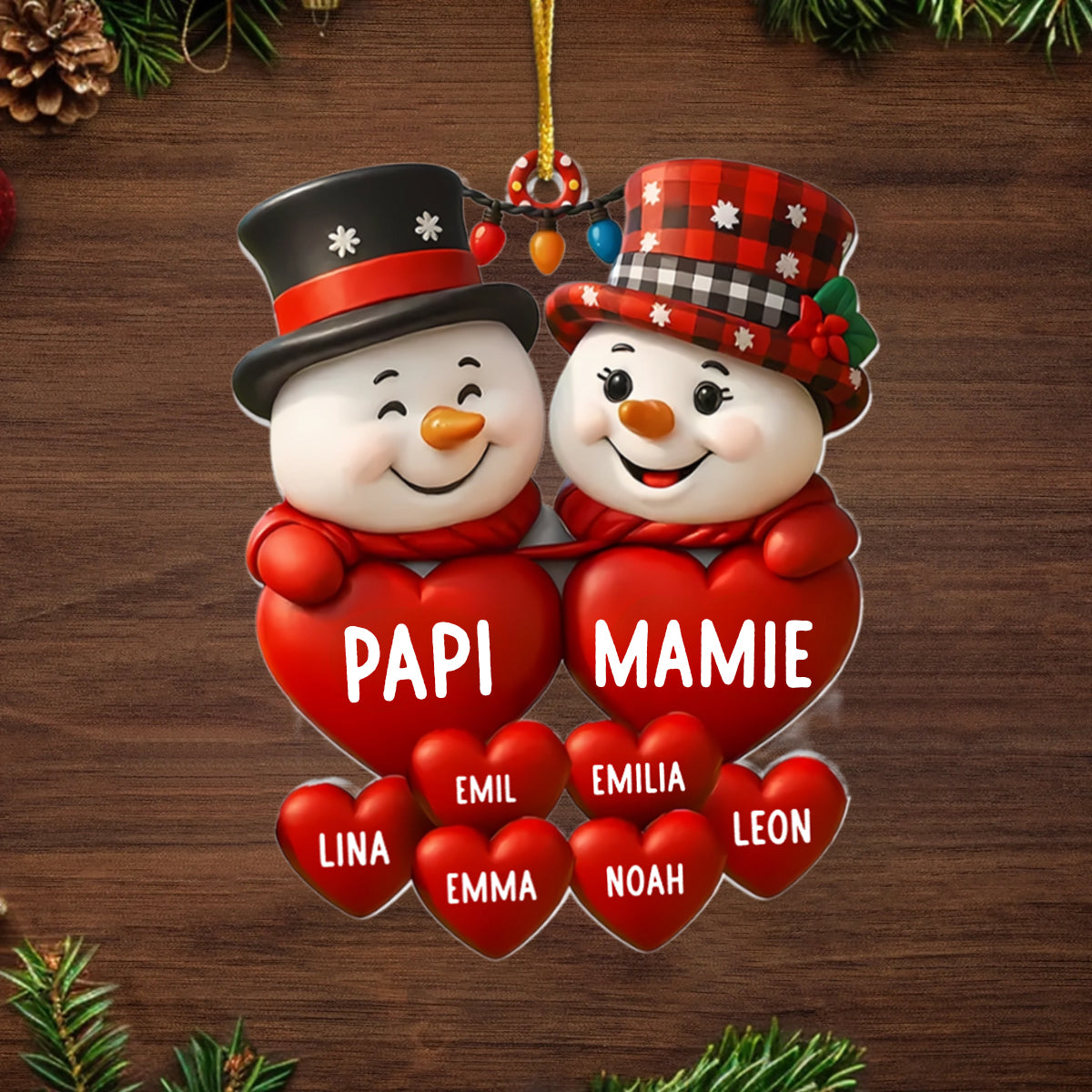 Bonhommes de neige avec des cœurs Pendentifs de Noël avec nom Cadeau pour grand-père et grand-mère