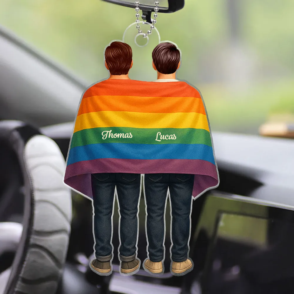Pendentif en acrylique avec drapeau arc-en-ciel et nom – Cadeau pour couple LGBT