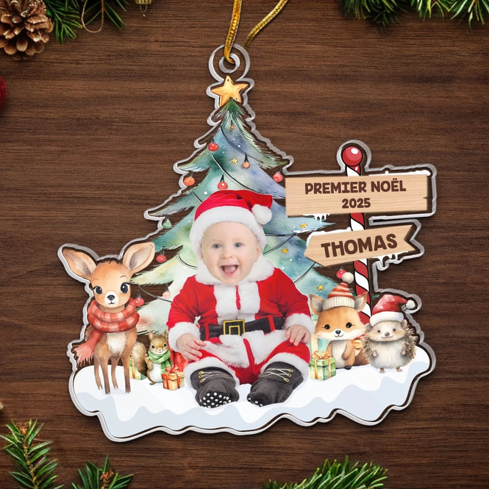 Premier Noël pour bébé Orement photo en acrylique pour Noël avec texte et nom