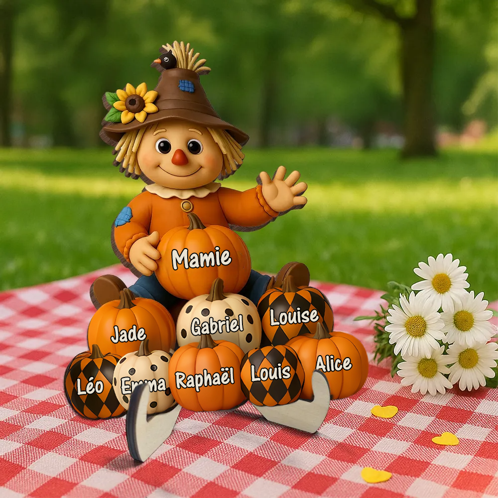 Plaque en bois personnalisée avec épouvantail et citrouilles – avec nom