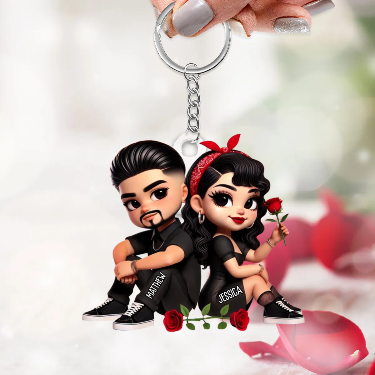 Porte-clés en acrylique personnalisé « Couple avec roses », cadeau pour couple