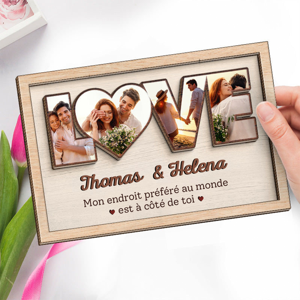 LOVE – Plaque en bois personnalisée avec photos pour couple amoureux