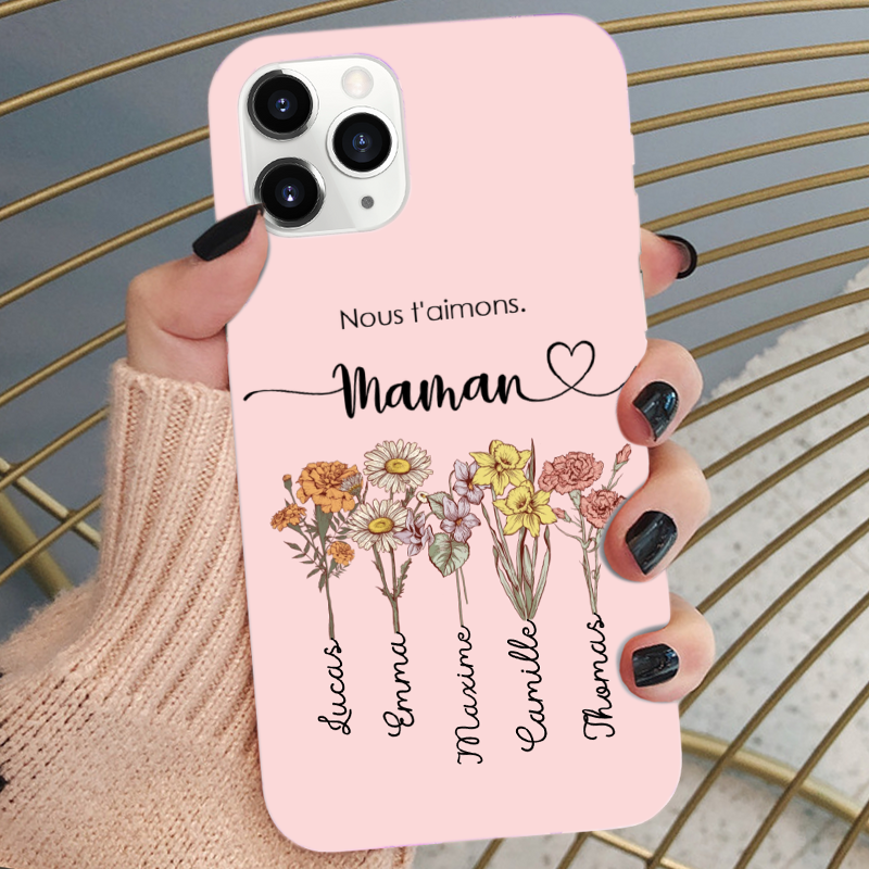 Coque en silicone personnalisée avec fleurs de naissance – Cadeau pour mamie et maman, compatible iPhone et Samsung