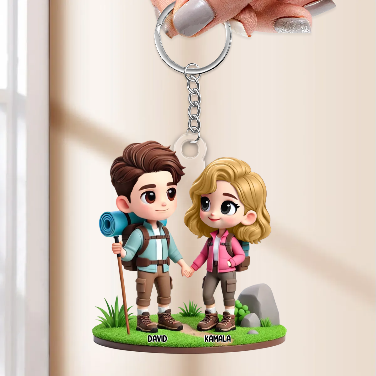 Porte-clés en acrylique « Couple camping » personnalisé avec noms, cadeau pour couple