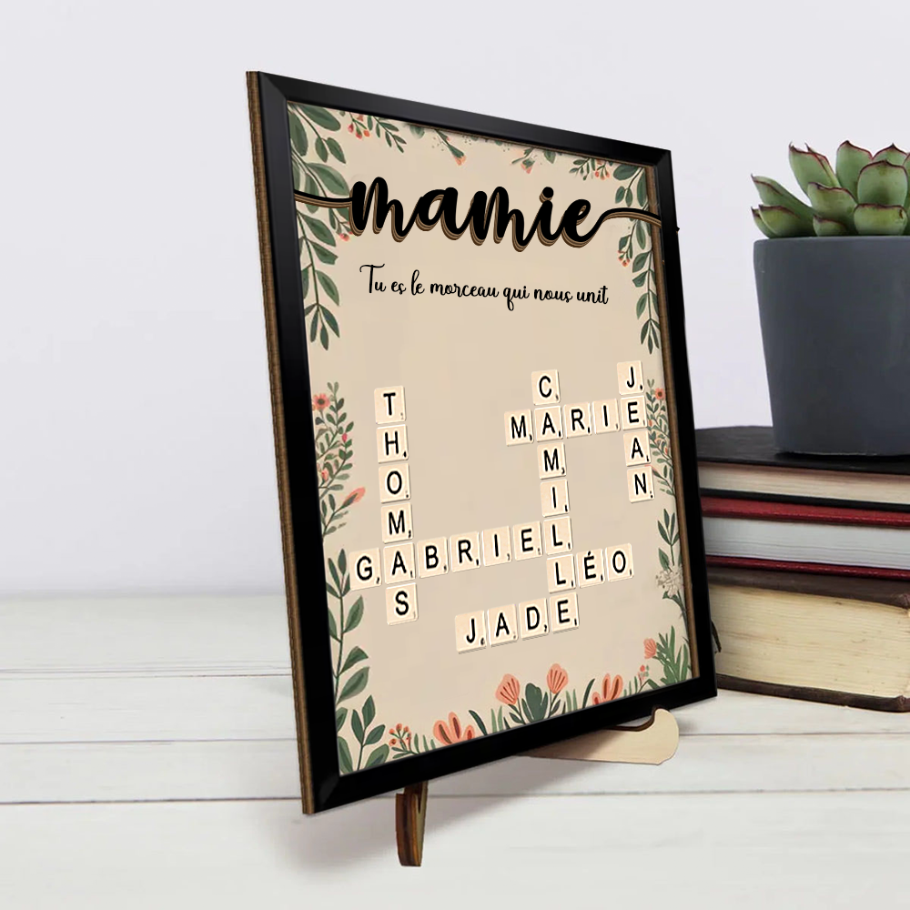 Plaque en bois personnalisée avec mots croisés – Cadeau pour Mamie et Papi