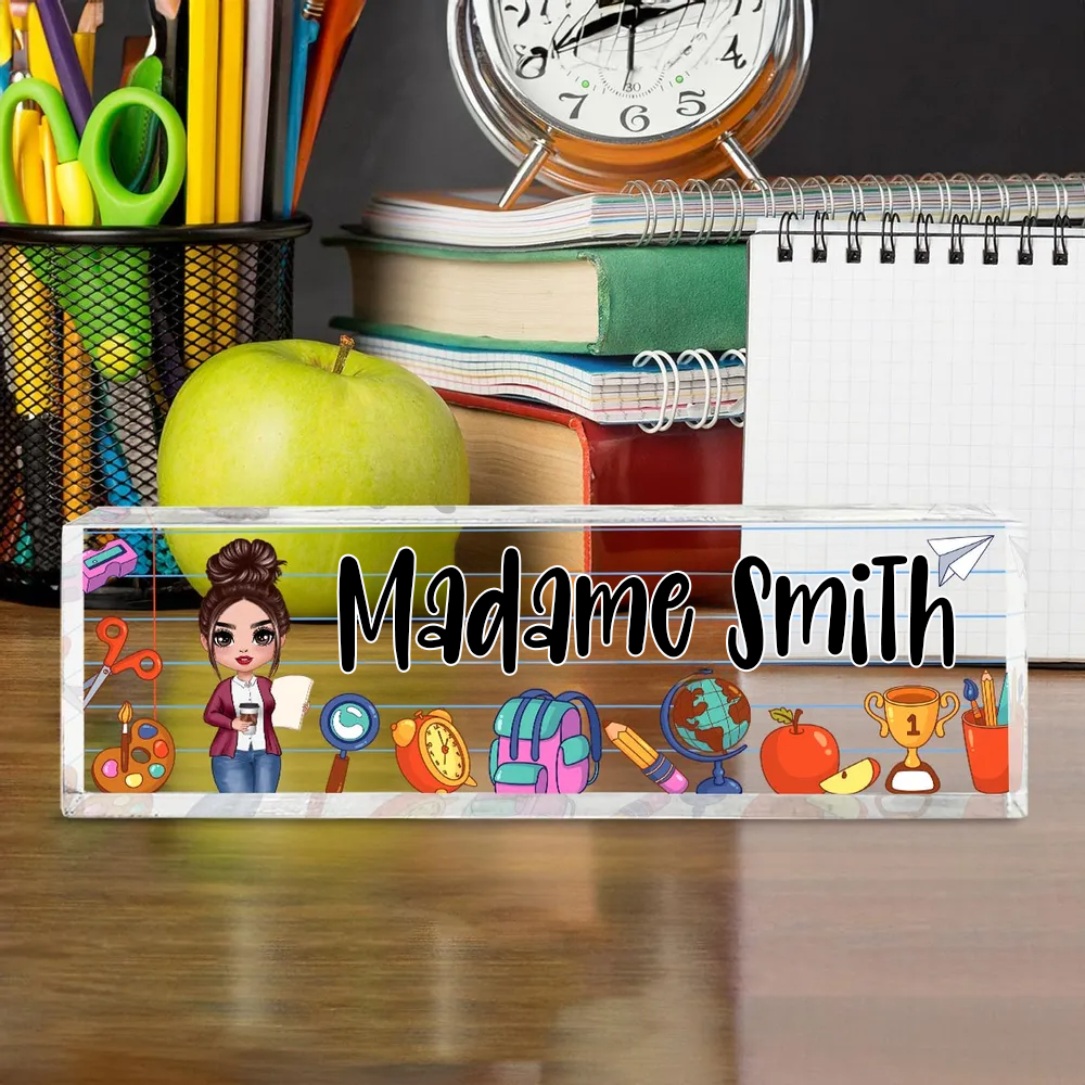 Plaque de bureau en acrylique personnalisée – Motifs scolaires pour enseignantes