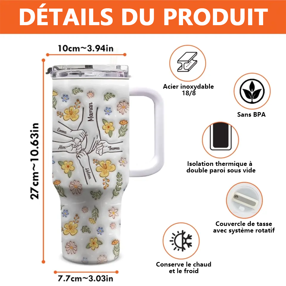 Main dans la main – Gobelet isotherme personnalisé 40oz avec paille, cadeau pour maman, mamie – Tasse imprimée avec effet 3D gonflé