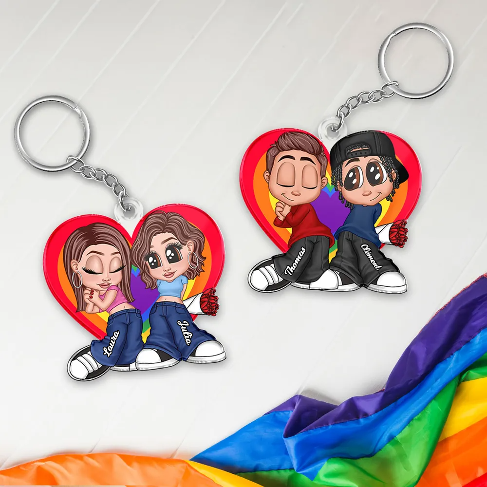 Porte-clés acrylique personnalisé cœur arc-en-ciel – Cadeau pour couple LGBT