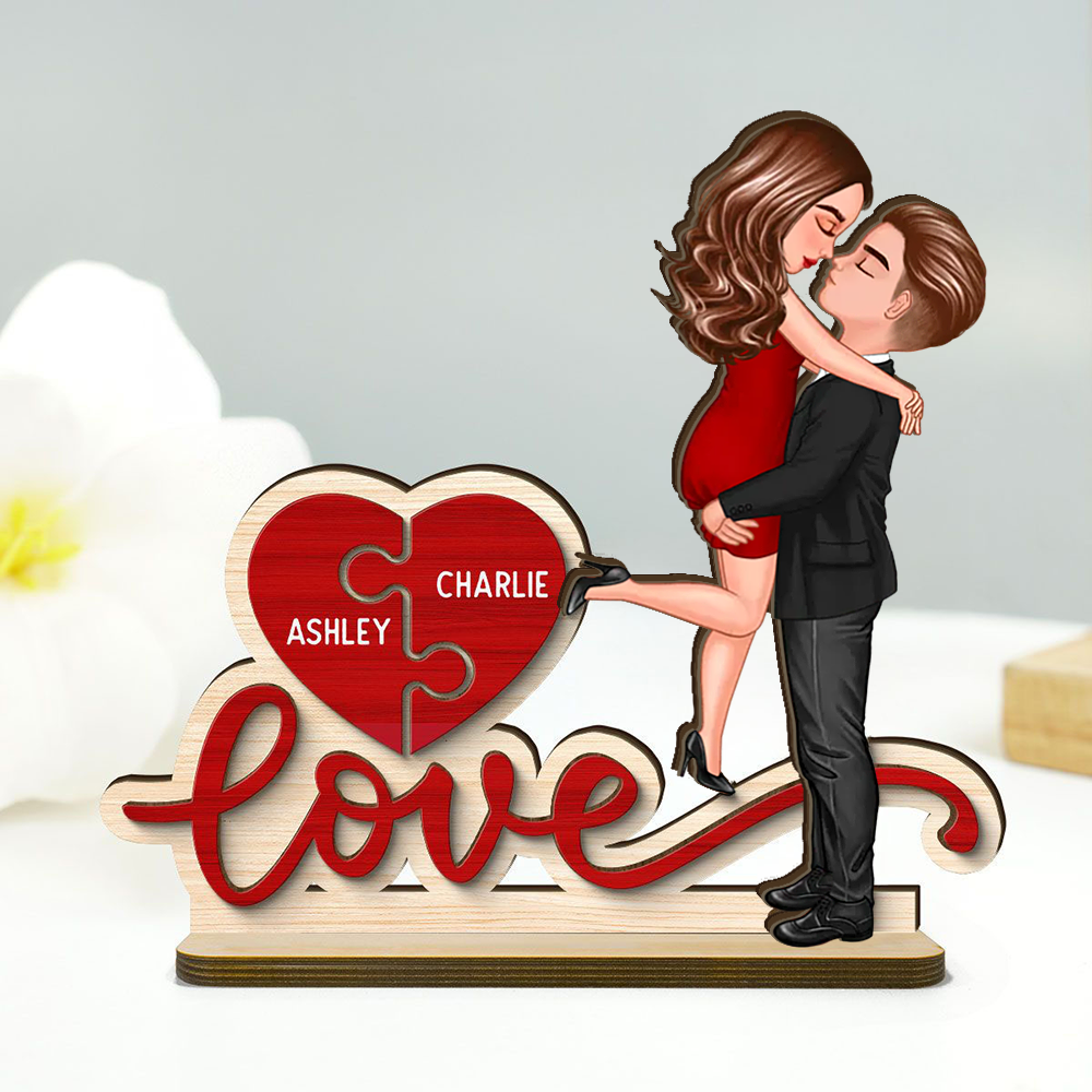 Love – Plaque en bois personnalisée avec 2 personnages et prénoms, cadeau pour couple
