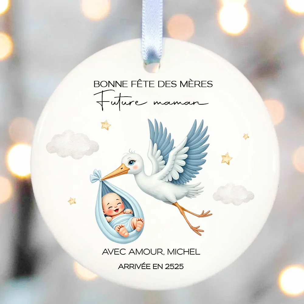 Cigogne et bébé adorables – Cadeau personnalisé pour future maman, pendentif en céramique