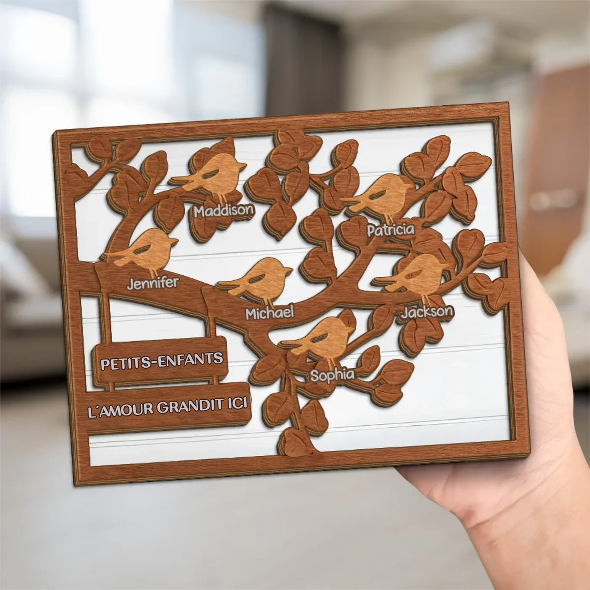 Tableau en bois personnalisé avec arbre et oiseaux – Pour la famille et les grands-mères