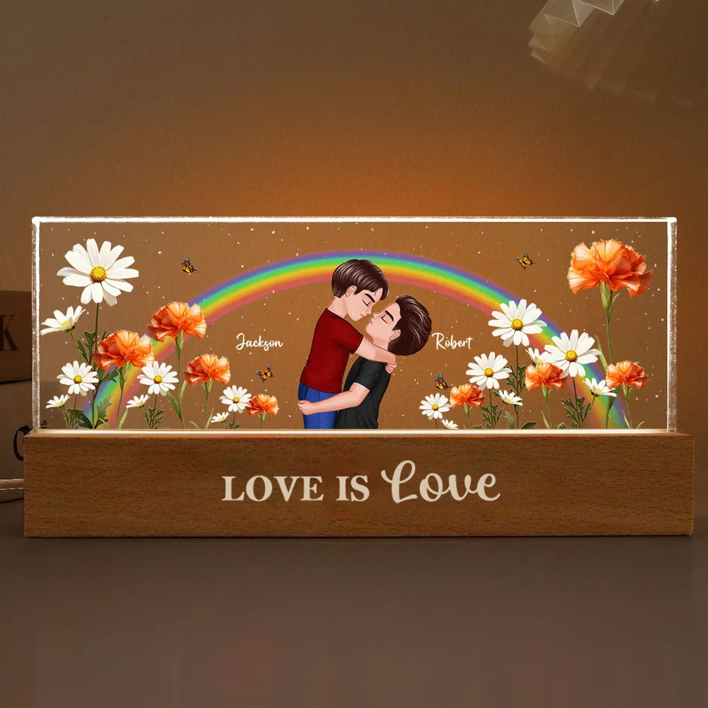 Arc-en-ciel et fleurs de naissance – Veilleuse LED personnalisée, cadeau pour couple LGBT
