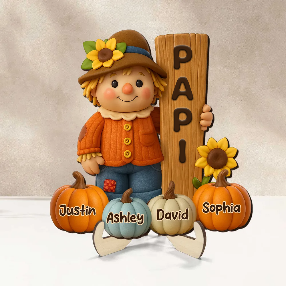 Adorable épouvantail et citrouilles – Plaque en bois personnalisée avec prénom(s) – Cadeau pour mamie