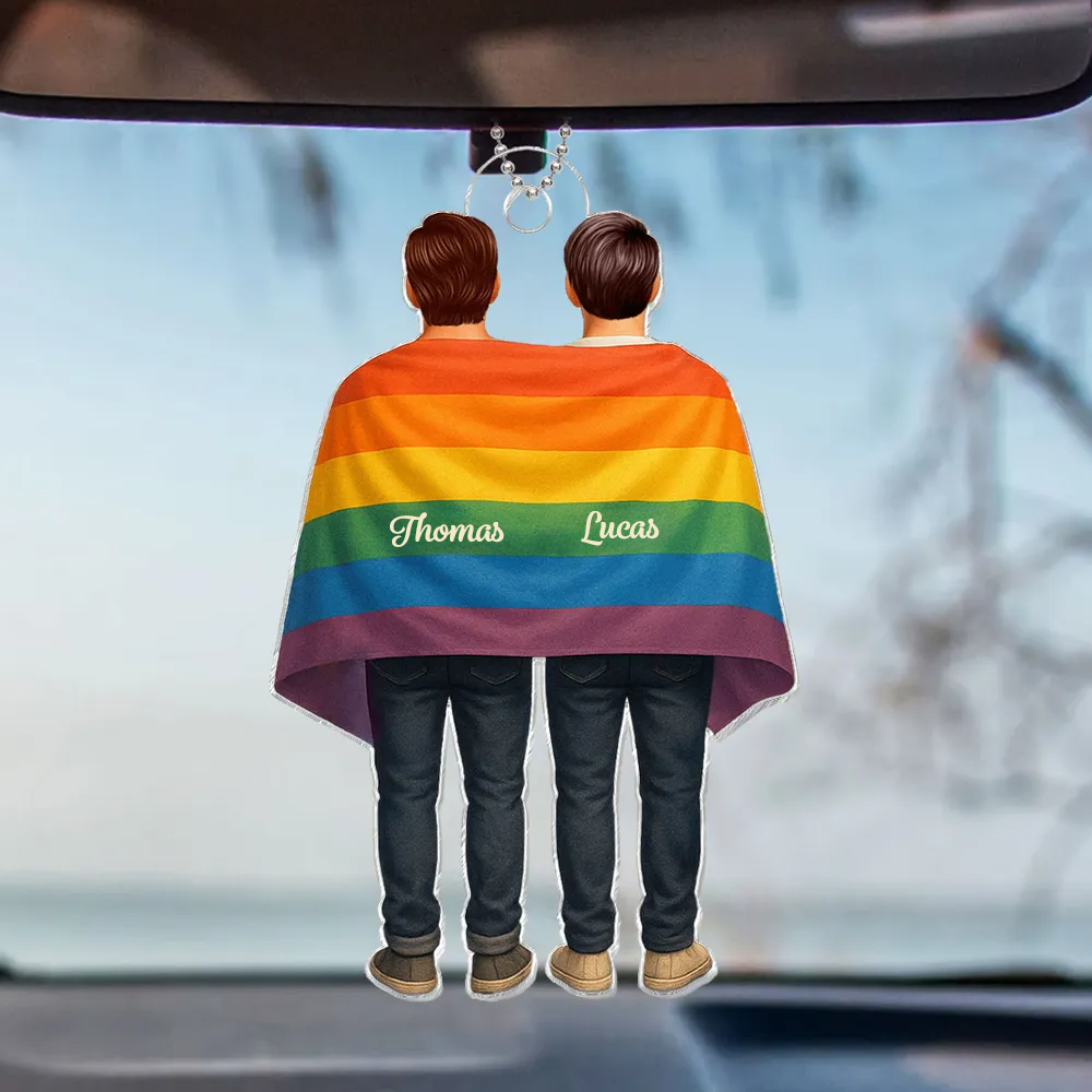 Pendentif en acrylique avec drapeau arc-en-ciel et nom – Cadeau pour couple LGBT