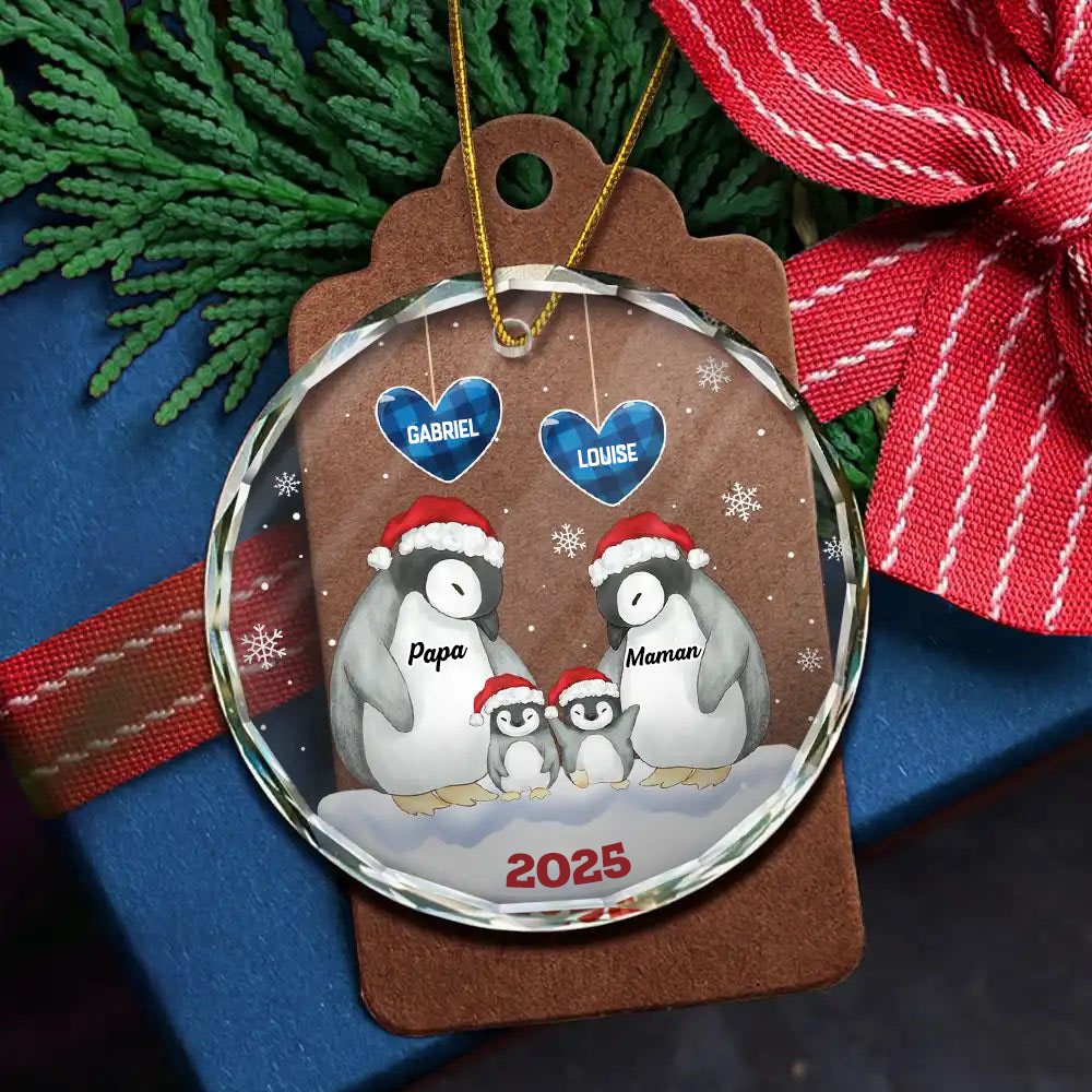 Famille de pingouins Décoration personnalisée en verre en forme de cercle