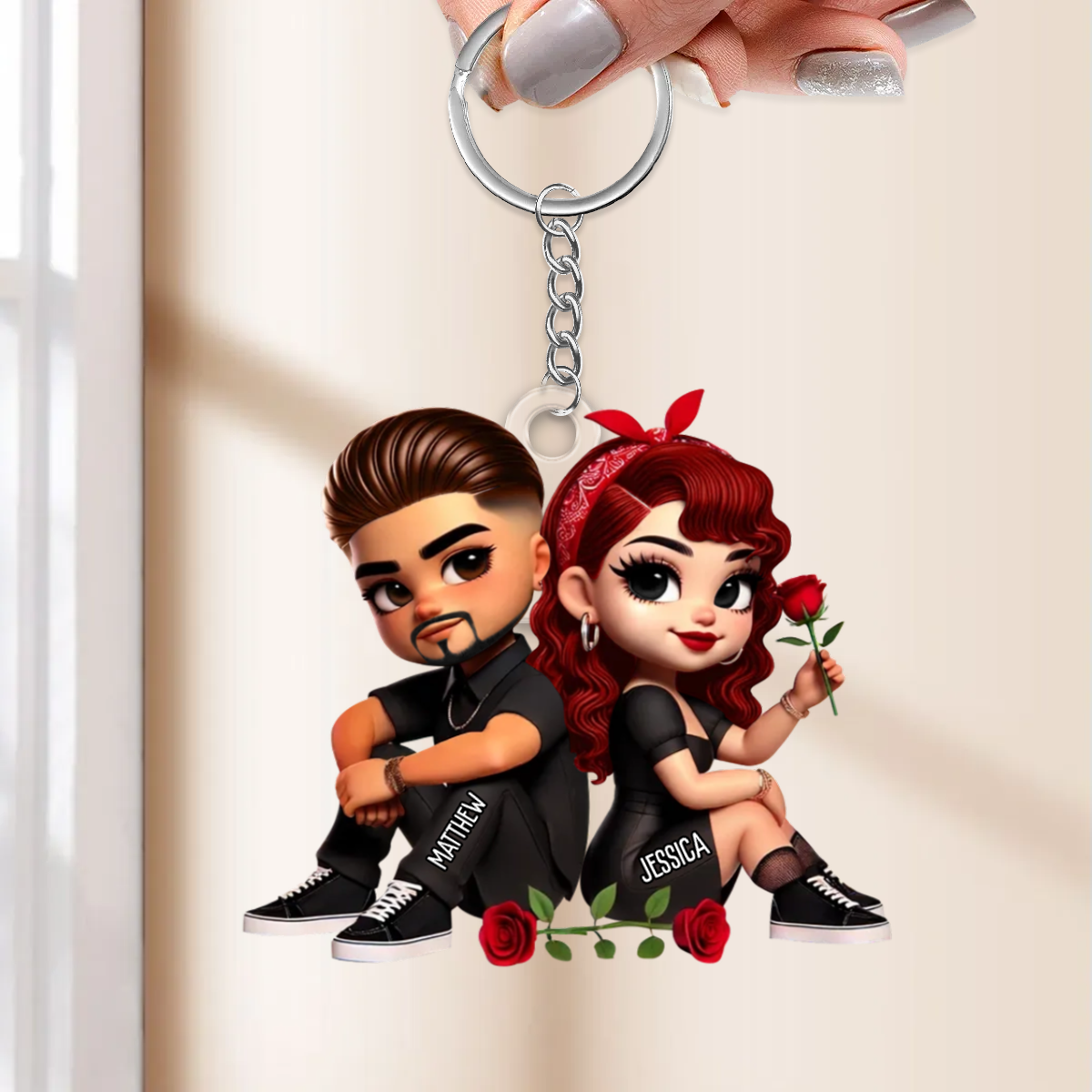 Porte-clés en acrylique personnalisé « Couple avec roses », cadeau pour couple