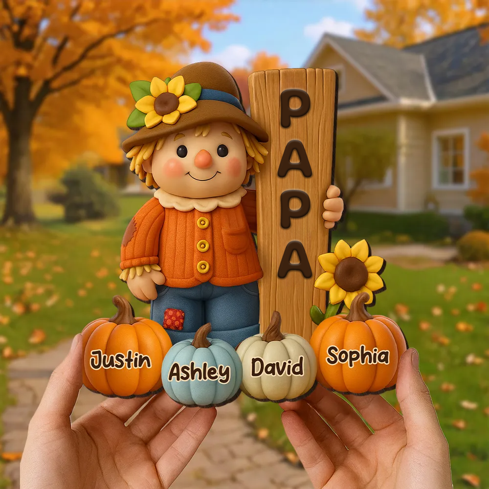 Adorable épouvantail et citrouilles – Plaque en bois personnalisée avec prénom(s) – Cadeau pour mamie
