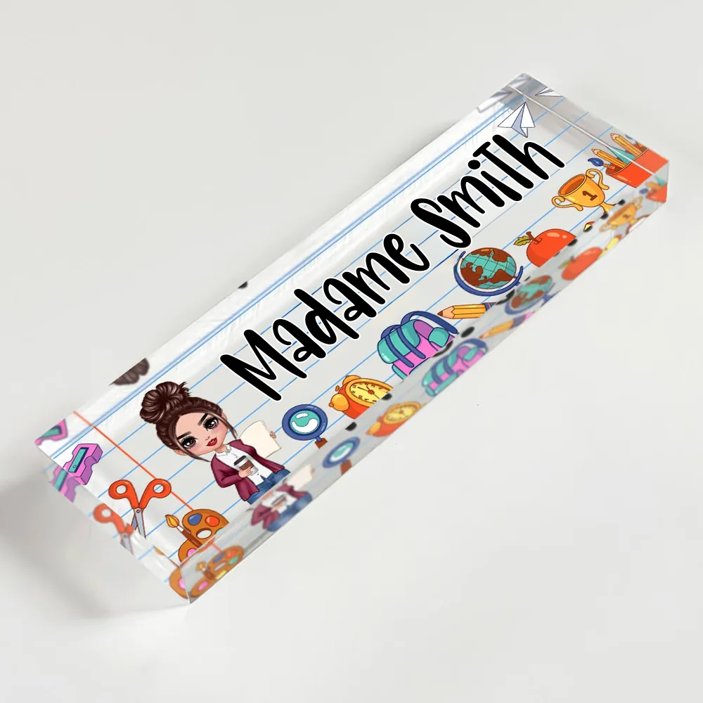 Plaque de bureau en acrylique personnalisée – Motifs scolaires pour enseignantes