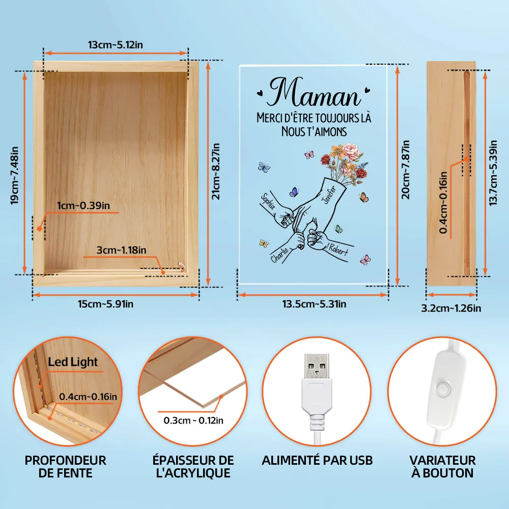 Boîte lumineuse avec cadre en bois, fleurs de naissance, mains et texte – Cadeau pour maman, papa et mamie