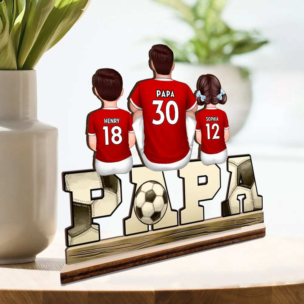 Plaque en bois « PAPA » avec football et 1 à 4 enfants personnalisés – Cadeau pour papa