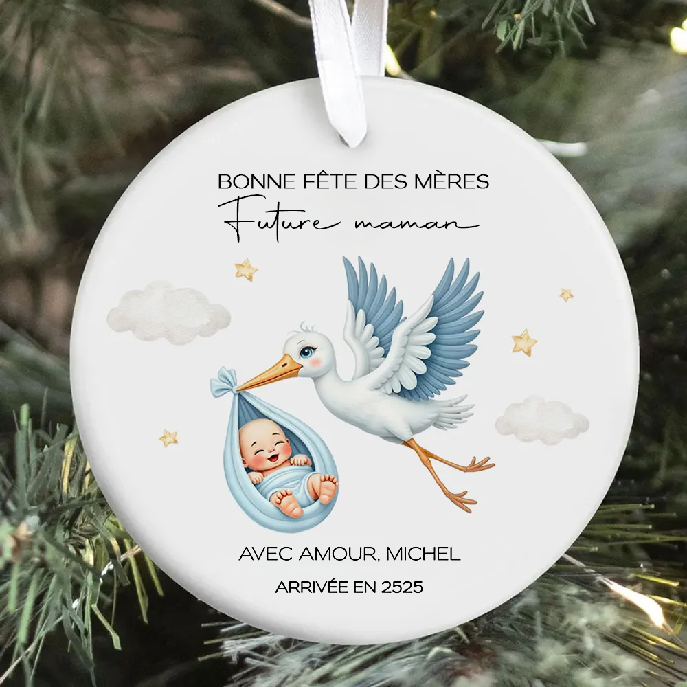 Cigogne et bébé adorables – Cadeau personnalisé pour future maman, pendentif en céramique