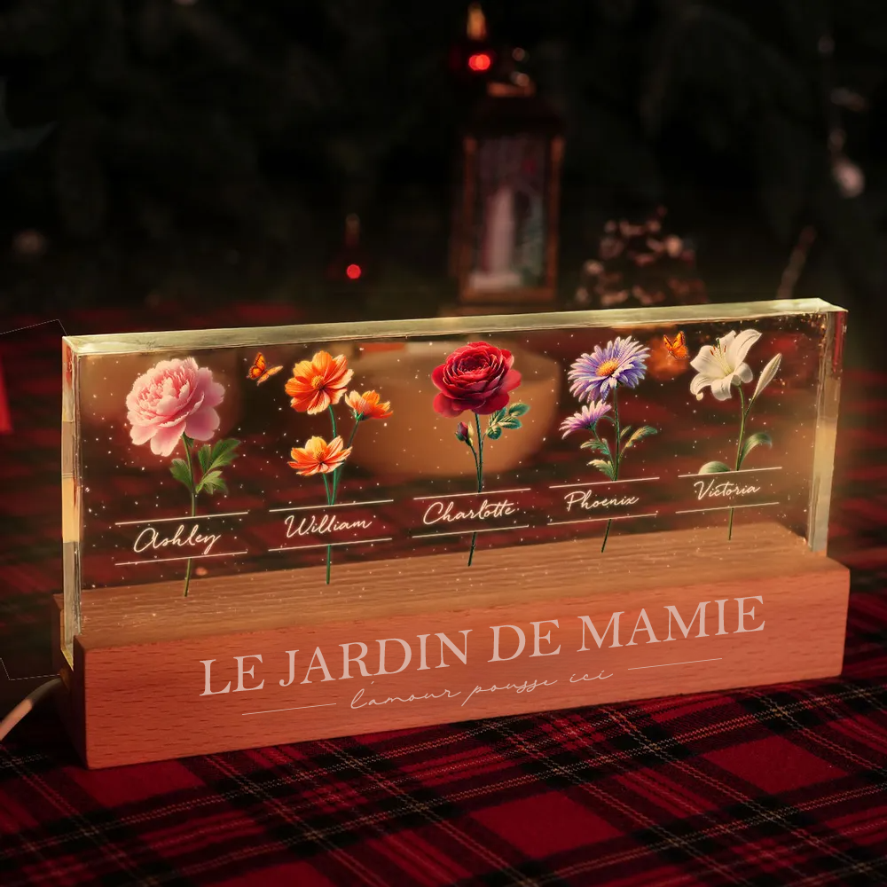 Veilleuse LED avec fleurs de naissance et prénoms – Cadeau pour grand-mère et maman