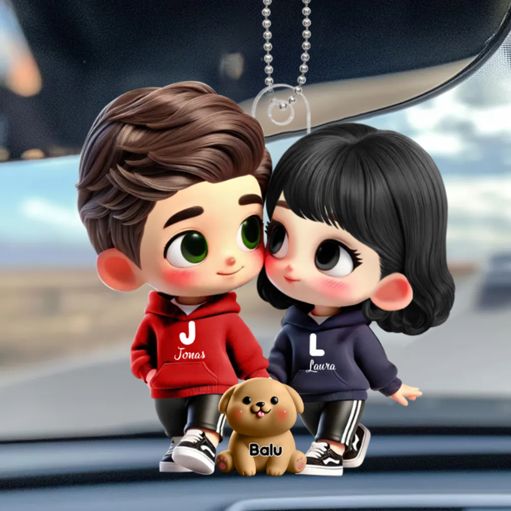 Pendentif de voiture personnalisé avec couple cartoon et animaux de compagnie – Cadeau pour couple
