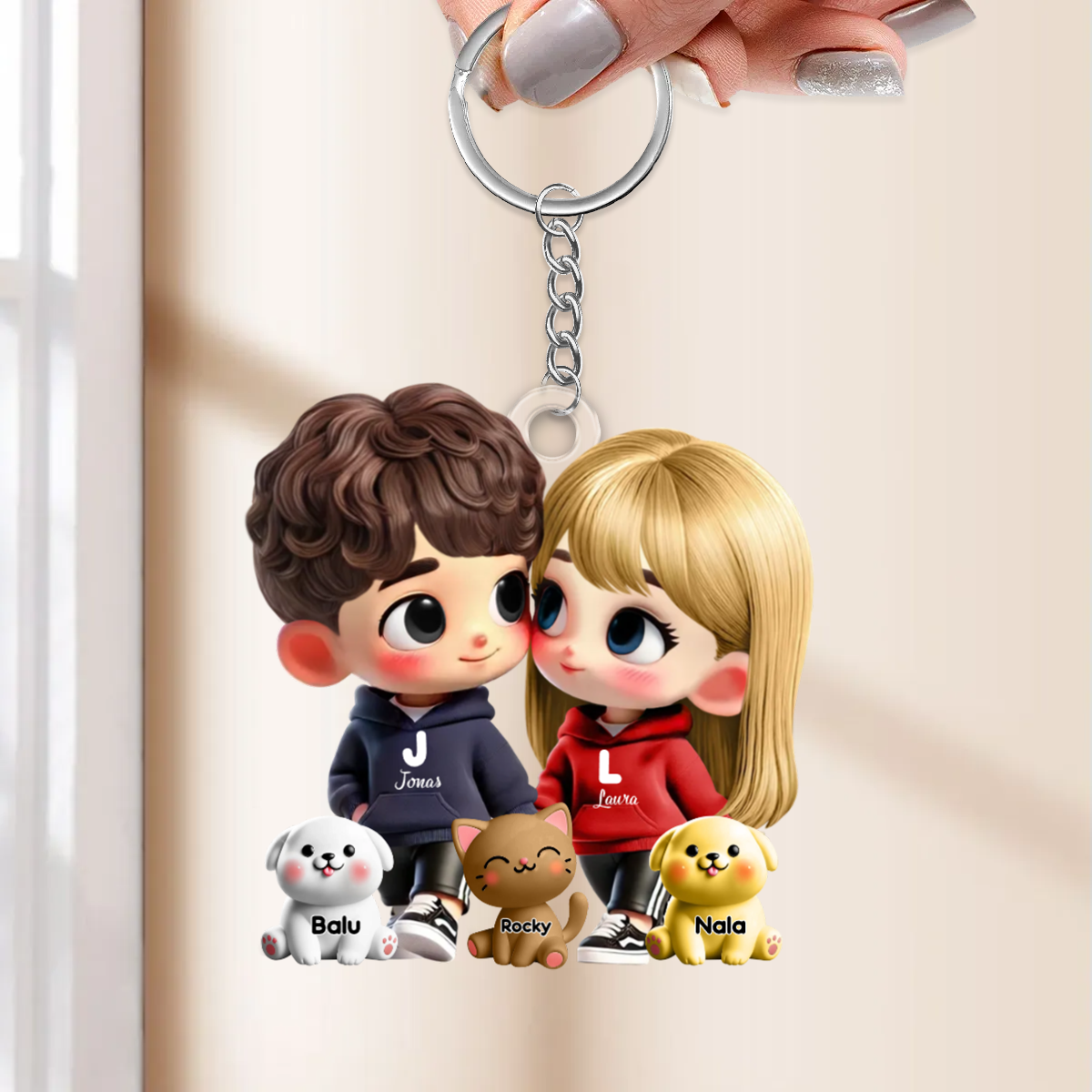 Porte-clés en acrylique personnalisé avec couple cartoon et animaux de compagnie – Cadeau pour couple