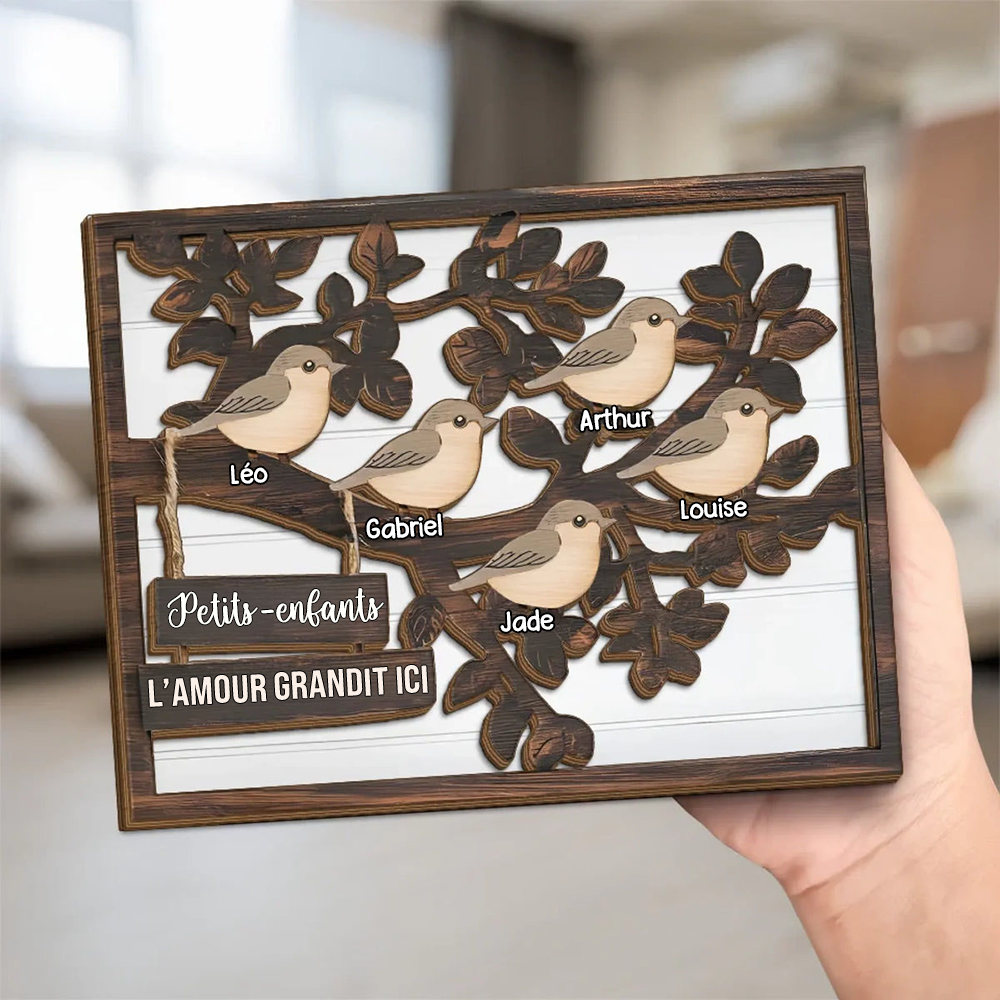 Plaque en bois personnalisée avec arbre et oiseaux – Cadeau pour la famille