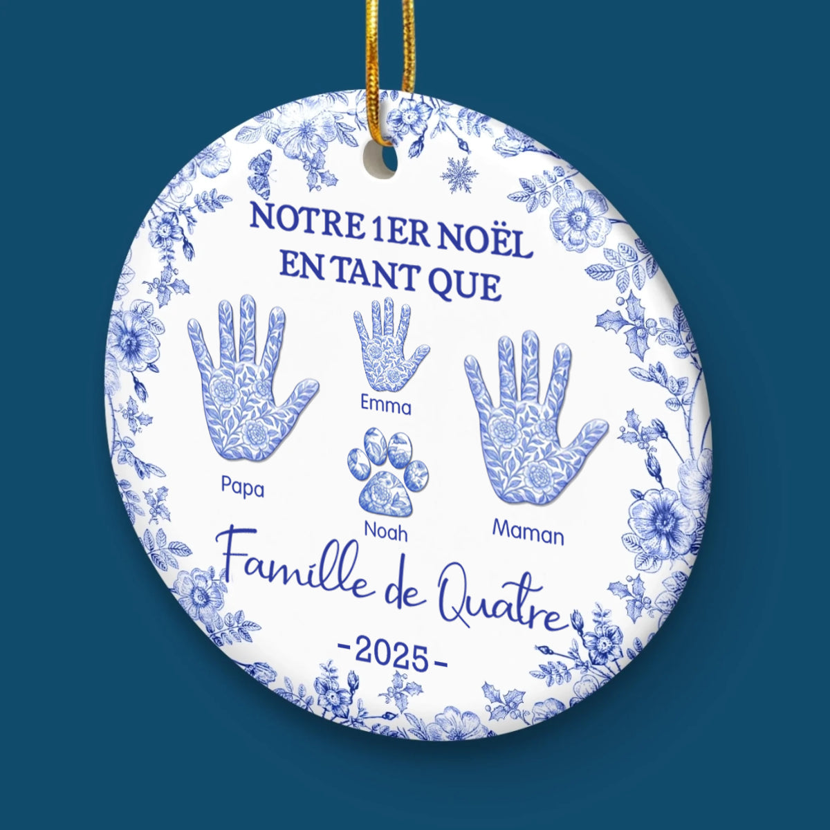 Notre premier Noël en famille... Décoration pour sapin de Noël avec empreinte de main et nom