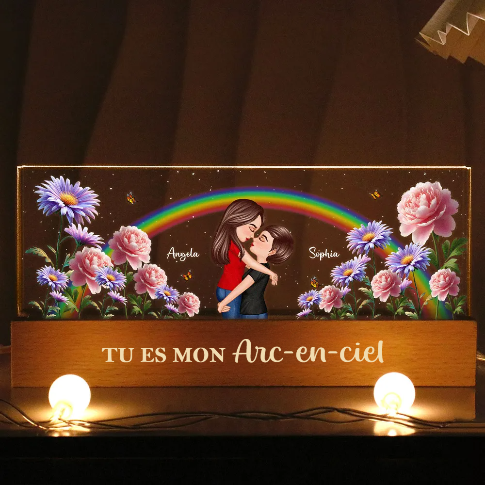 Arc-en-ciel et fleurs de naissance – Veilleuse LED personnalisée, cadeau pour couple LGBT
