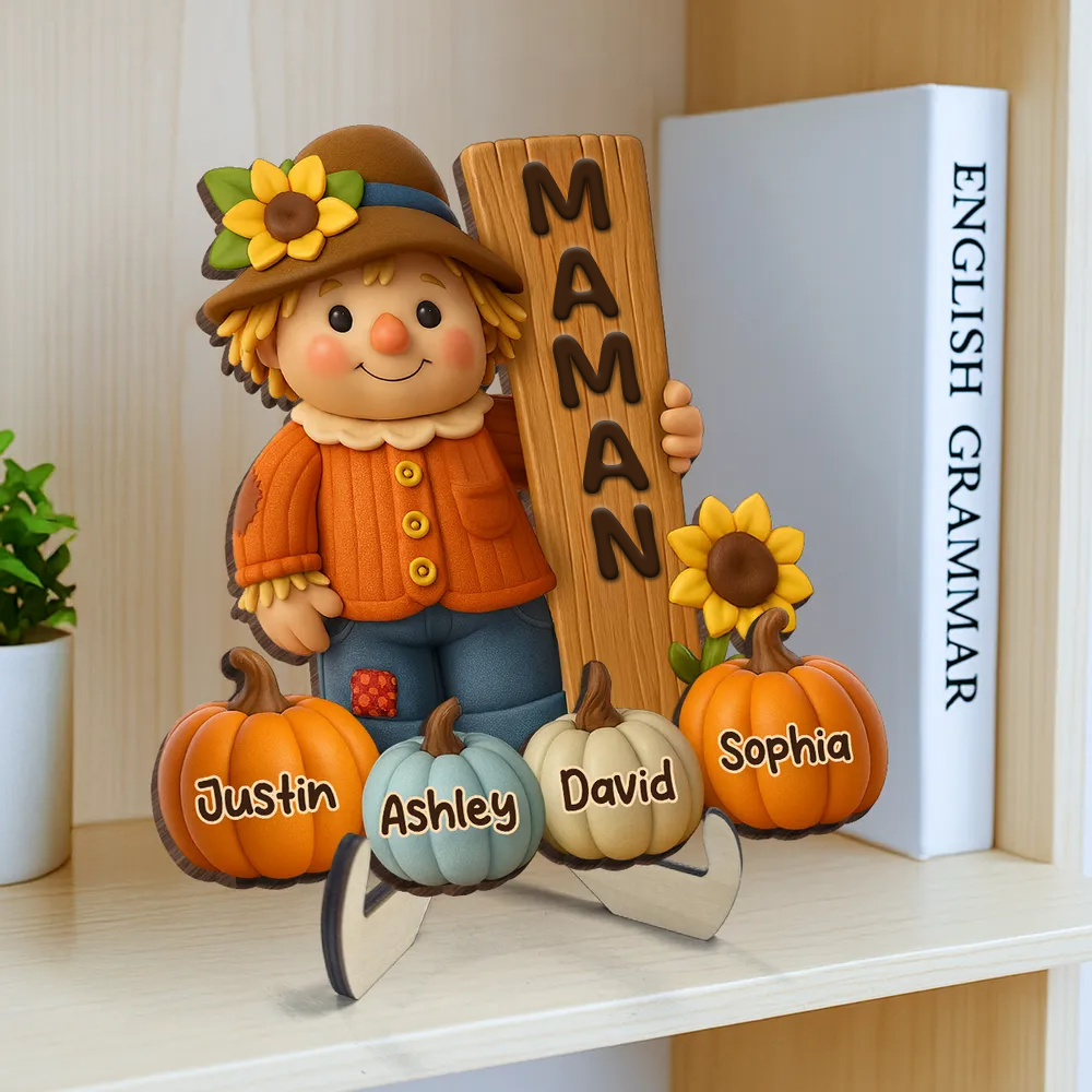 Adorable épouvantail et citrouilles – Plaque en bois personnalisée avec prénom(s) – Cadeau pour mamie