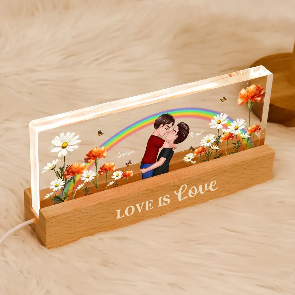 Arc-en-ciel et fleurs de naissance – Veilleuse LED personnalisée, cadeau pour couple LGBT