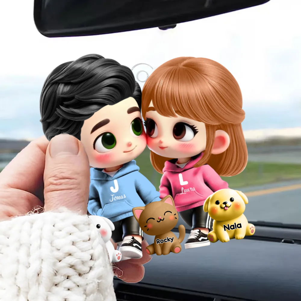 Pendentif de voiture personnalisé avec couple cartoon et animaux de compagnie – Cadeau pour couple