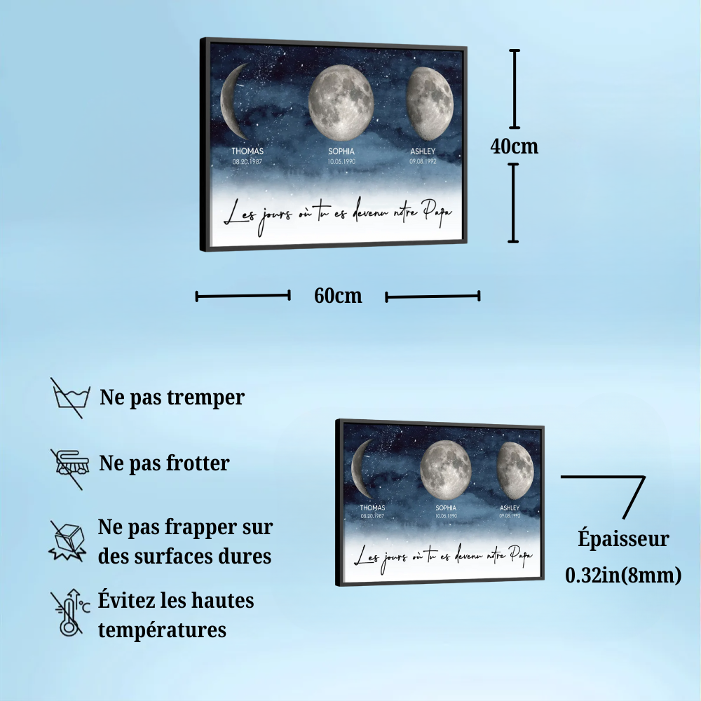 Affiche personnalisée des phases de la lune avec cadre en bois – Cadeau pour Maman et Papa