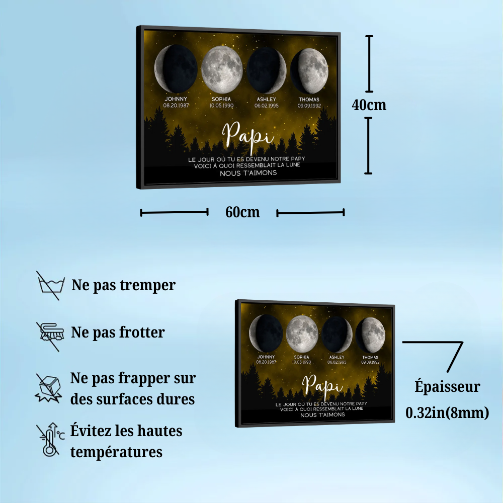 Affiche personnalisée des phases de la lune avec cadre – Cadeau pour Papa