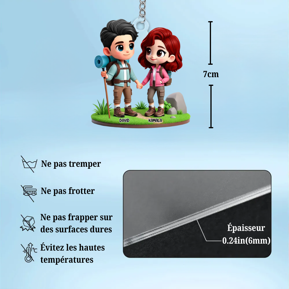 Porte-clés en acrylique « Couple camping » personnalisé avec noms, cadeau pour couple