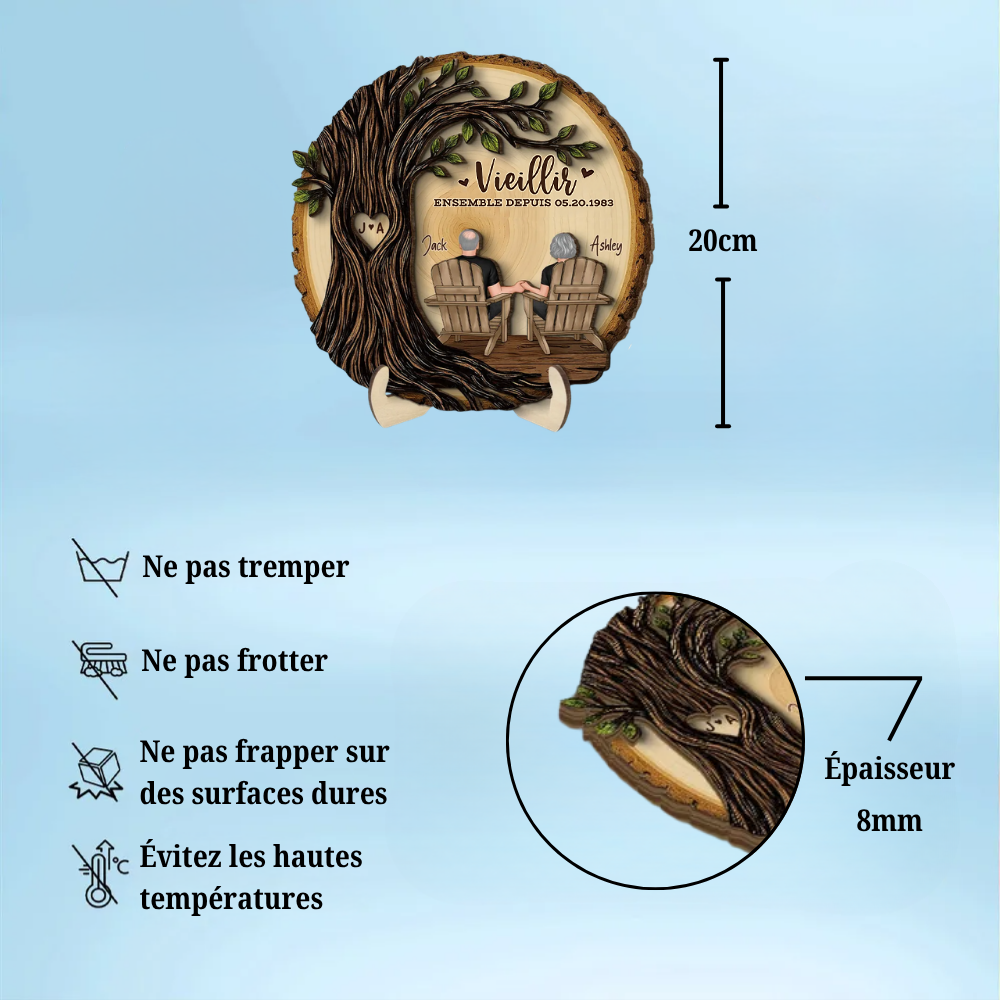 Couple sous un arbre – Présentoir en bois personnalisé avec année, numéro et texte – Cadeau d’anniversaire de mariage
