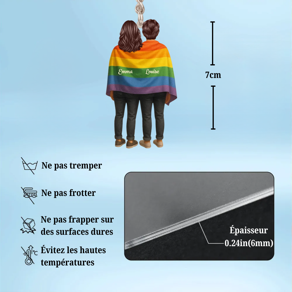 Porte-clés personnalisé avec drapeau arc-en-ciel et 2 personnages pour couple LGBT