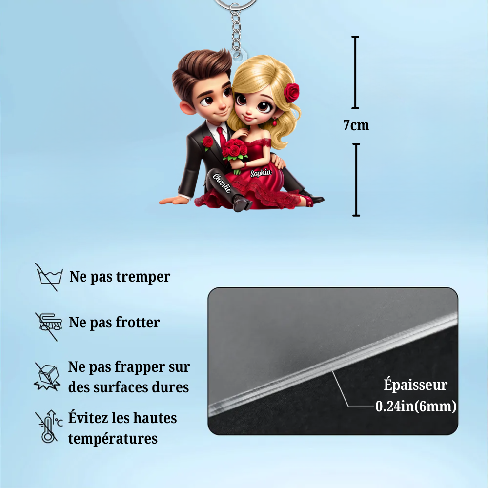 Couple avec bouquet de roses – Porte-clé en acrylique personnalisé, cadeau pour couple