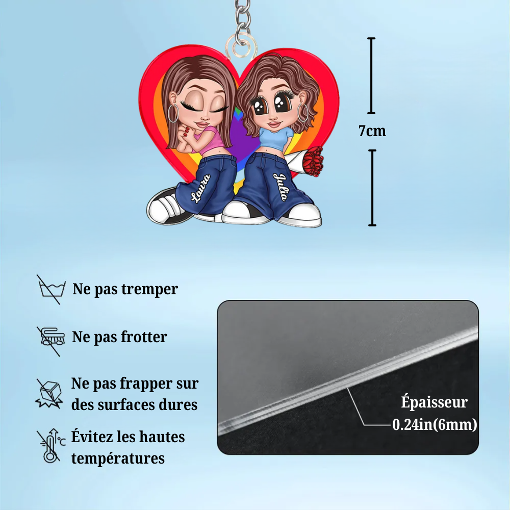 Porte-clés acrylique personnalisé cœur arc-en-ciel – Cadeau pour couple LGBT
